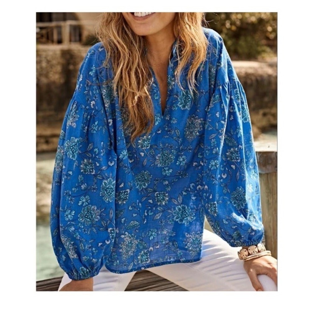 J Jill Blue Floral Peasant Blouse Size S Small Boho Puff Sleeve Relaxed Fit Top